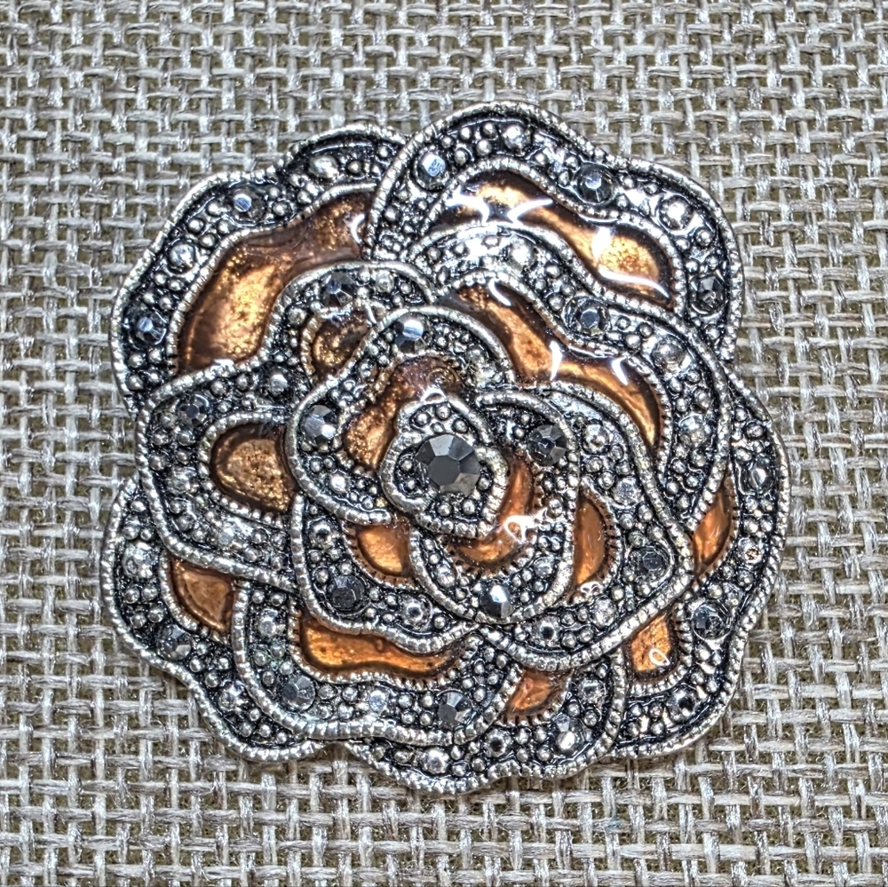 Vintage Silver Toned Floral Brooch With Orange Accents.